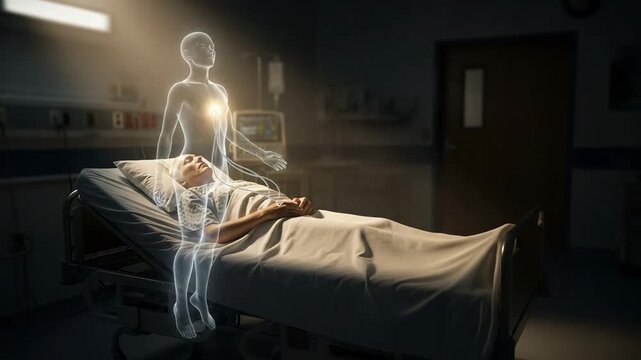 Hospital scene with a patient&rsquo;s luminous spirit rising from the body, glowing heart, symbolizing near death experience, out of body journey, and the mystery of life after death