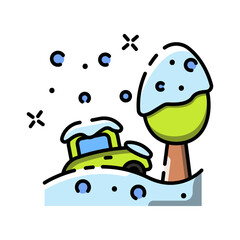 Cartoon yellow car partially buried in white snow with a green tree and falling snowflakes in a whimsical winter scene