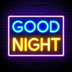 GOOD NIGHT neon night good sign on brick wall: blue and red glow for urban nightlife theme