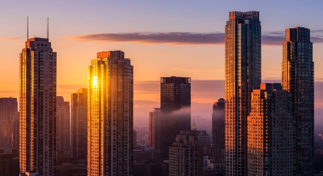 Sun-kissed glass towers of a metropolitan financial district during a serene and colorful sunrise