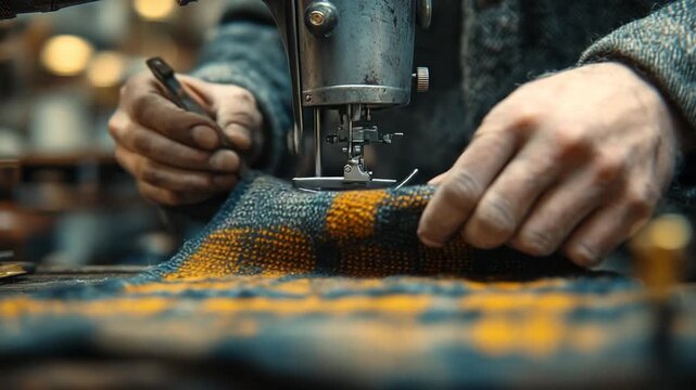 Close-up of a persons hands operating a vintage sewing machine, stitching colorful fabric with precision and care, showcasing traditional craftsmanship and textile work. - Powered by Adobe