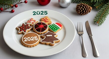 Christmas cookies for new year on a plate with fork and knife near pine cone and christmas ornaments