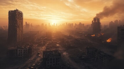 Cityscape after destruction at sunset