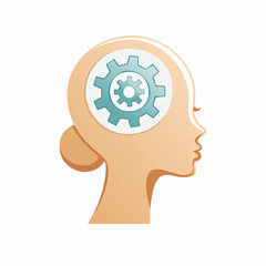 Illustration of a woman's profile with gears inside her head, symbolizing thought processes.