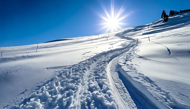 A sunny, bright day with ski tracks on a snowy mountain slope