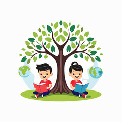 Two children reading books under a large tree with globes on either side, symbolizing education and global knowledge.