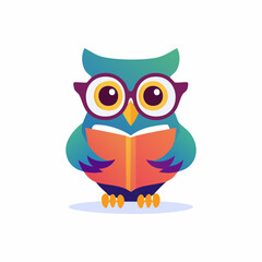 A cute cartoon owl wearing purple glasses and reading an orange book, depicted in a flat, modern graphic style.