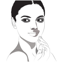 A black and white line art illustration of a young woman with dark hair pulled back, smiling softly while gazing directly and resting her chin on her hand.