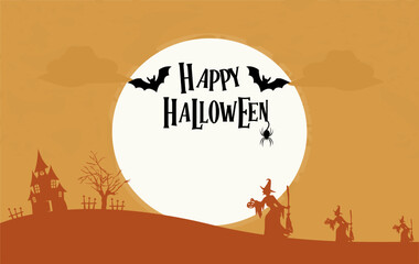 Naklejka premium Halloween party card template - spooky castle, dead tree, full moon, bats and witches carrying pumpkins. Vector illustration.