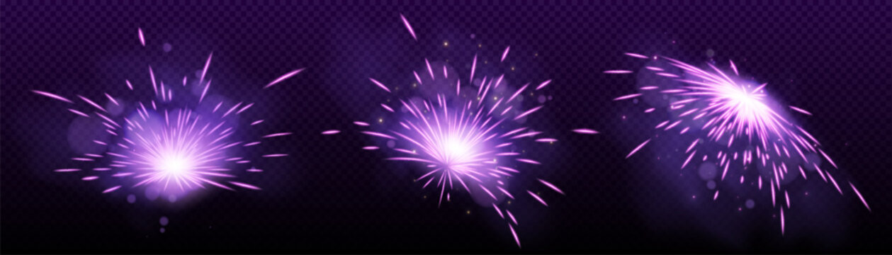 Purple spark effects with weld like bursts for game or animation - bright radial explosions, energy flashes and light rays on transparent background. Magic glow elements set with glow particles.