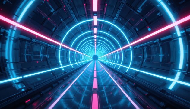 Dive into a dynamic cyber tunnel with neon lights, perfect for futuristic tech visuals, gaming backgrounds, and modern digital interfaces for engaging viewers