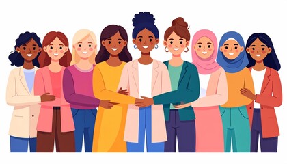 Obraz premium Diverse group of smiling women standing together in casual colorful clothing, representing unity and teamwork in a friendly workplace environment on a white background