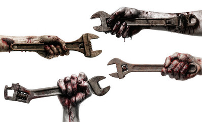 Four zombie hands holding rusty adjustable wrenches, isolated on transparent background