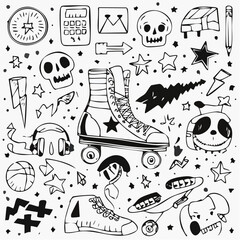 A collection of hand-drawn black and white doodle icons featuring a roller skate, skulls, and stars.
