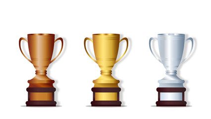 Gold Silver and Bronze Trophy Cups Vector Illustration – Champion Awards for First Second and Third Place