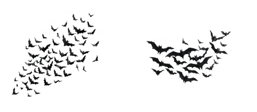 Flock of bats flying in formation, isolated on transparent background