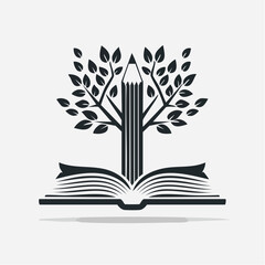 Illustration of a pencil tree growing from an open book, symbolizing knowledge and education.