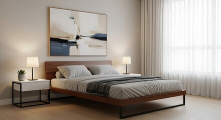 Modern Bedroom Design with Bed, Nightstands, and Artwork.
