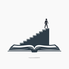 An open book with stairs leading to a person standing at the top, representing knowledge.