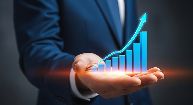 Businessman in a suit holds a blue glowing bar graph with an upward trend line in his palm representing financial growth and success - Powered by Adobe
