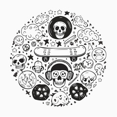 A circular composition of hand-drawn skater-themed doodles including skulls, a skateboard, and headphones.