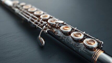 Fototapeta premium An extremely detailed macro shot of a silver flute with gleaming golden keys and intricate mechanisms resting on a dark, wet, reflective surface, emphasizing texture and light.