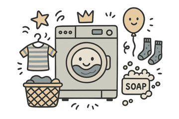 Playful Laundry Day. Laundry day illustration doodle style: hand drawn washing machine with smile, crown, star, balloon, clothes,