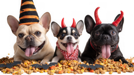 Three cute dogs in halloween costumes, a french bulldog with a witch hat and two with devil horns, isolated on transparent background