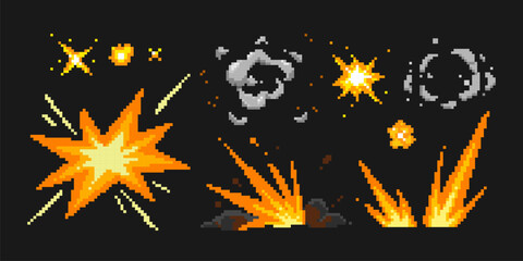 Pixel explosion effects with orange flames and smoke for retro game development or animation sprites. Yellow bursts, grey clouds and hot fire particles. 8 bit arcade action graphics collection.