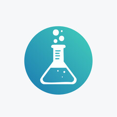 Stylized white conical flask with bubbles in a blue-green gradient circle, representing science and chemistry.