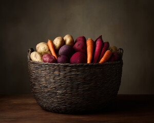 Vegan Minimalism Sustainability Concept, Fresh vegan vegetables dark minimalism style create healthy sustainable plant based food rustic basket
