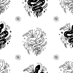 Seamless Pattern with Mystical Snake and Flowers on White Background. Repeating Textured Hand Drawing Doodle template. Vector illustration for magic, esoteric, mysterious design. Not AI