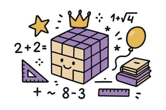 Cute Math Puzzle Doodle. Math puzzles illustration doodle style: hand drawn puzzle cube with smile, crown, star, balloon,