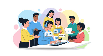 A diverse and inclusive team collaborates on an innovative digital project, focusing on user experience and accessibility solutions in a modern office environment.