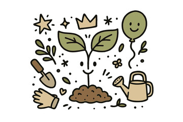 Cute Tree Planting Scene. Plant a tree illustration doodle style: hand drawn sapling with smile, crown, star, balloon, shovel,