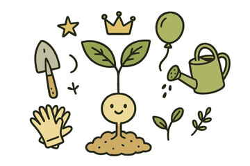 Fototapeta premium Cute Tree Planting Scene. Plant a tree illustration doodle style: hand drawn sapling with smile, crown, star, balloon, shovel,