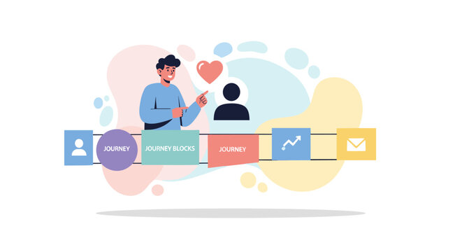 An engaging illustration depicts a man guiding a customer through a clear, multi-stage journey, symbolizing successful user experience and strategic business development.
