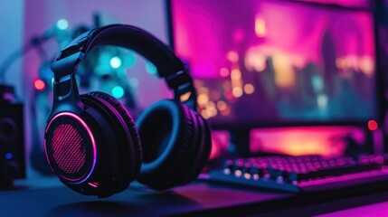 Gaming headset and computer setup indoor