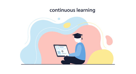 A dedicated student in a graduation cap engages in online learning, utilizing a laptop to foster continuous personal and professional development.