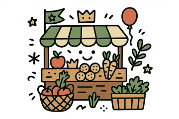 Doodle Market Stall. Market stall illustration doodle style: hand drawn stall with smile, crown, star, balloon, fruits, vegetables