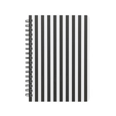 Striped black and white notebook with spiral binding, great for school, work or personal use.