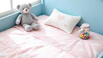 Pastel - Themed Kids' Bed Setup With Stuffed Toy For Baby Room Design Campaigns, Children's Furniture Promotions, Playful Bedroom Inspirations, And Kid Lifestyle Branding
