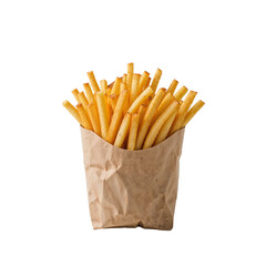 Golden, crispy fries fill a crinkled paper bag. A tempting snack