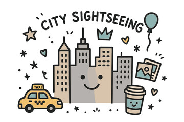 Naklejka premium Whimsical Cityscape Doodle. City sightseeing illustration doodle style: hand drawn skyline with smile, crown, star, balloon, taxi,