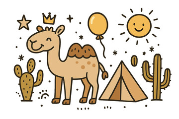 Obraz premium Desert Adventure Doodle. Desert trip illustration doodle style: hand drawn camel with smile, crown, star, balloon, cacti, sun, and