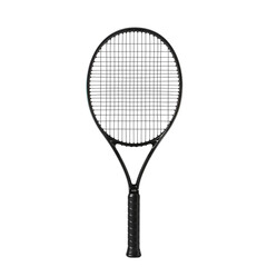 Sleek, all-black tennis racket with a full string bed, ready for powerful serves and volleys.