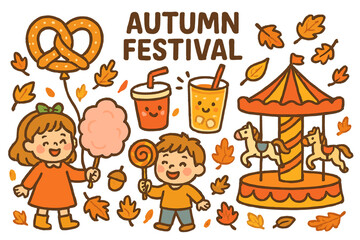 Obraz premium Autumn Festival Fun. Autumn festival doodle illustration with kids holding sweets, cotton candy, smiling drinks, pretzel balloon,