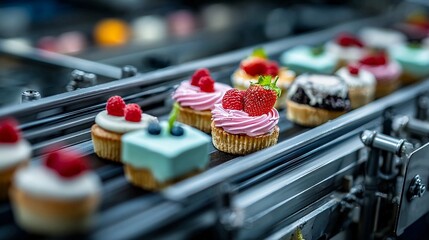 Indulge in these tempting miniature cakes topped with fresh berries gracefully moving along a conveyor belt, perfect for artisanal bakeries or delightful dessert promotions