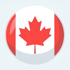 Round button depiction of the Canadian flag.  Red maple leaf on white, against a red field, with vertical red stripes.  3D effect