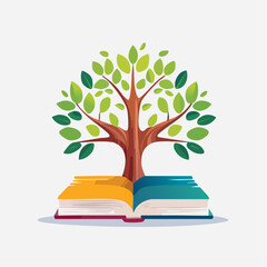 An illustrative tree with lush green leaves growing out of an open book, symbolizing knowledge, growth, and education.